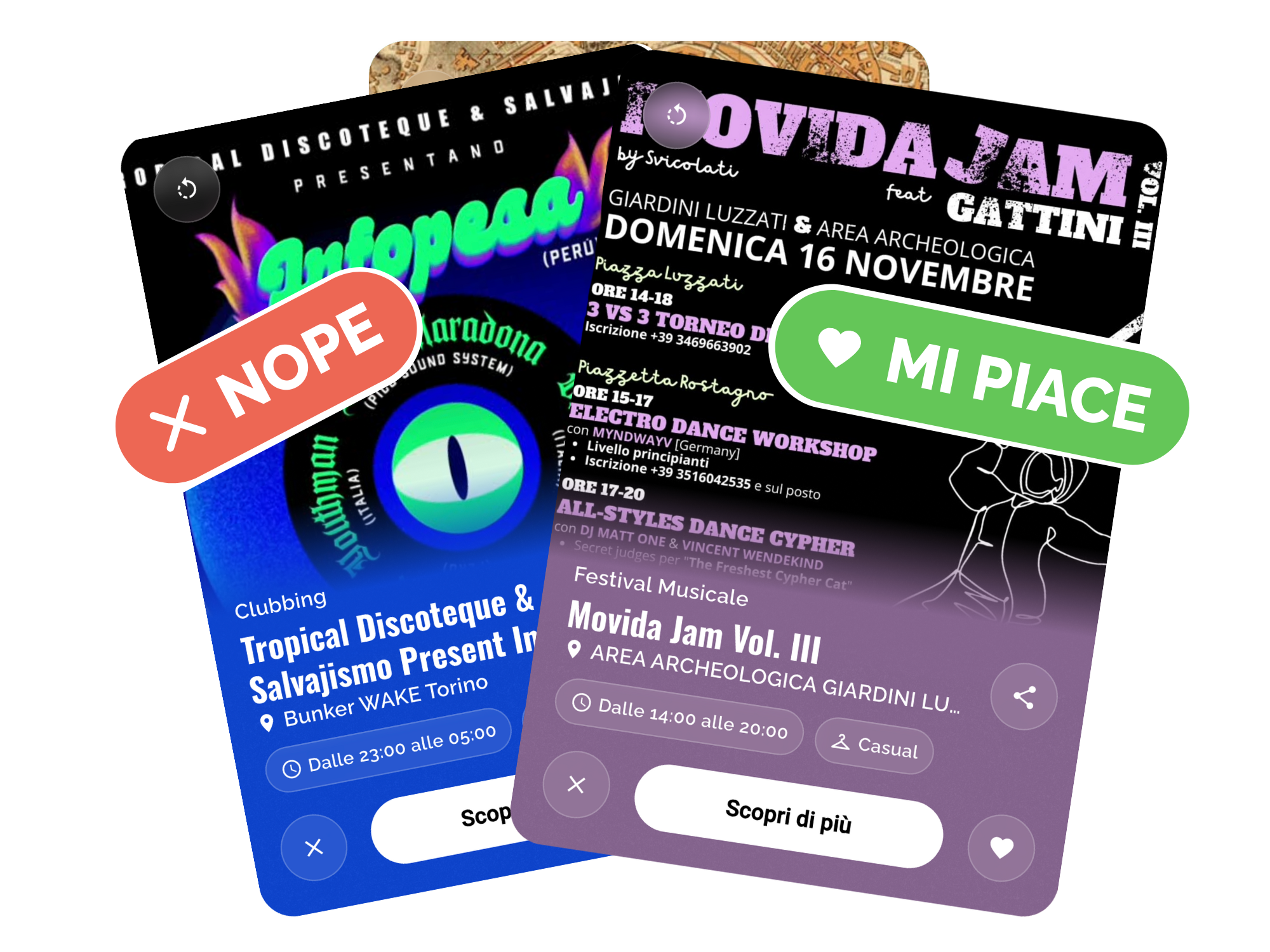 Card evento PartyNow con sistema swipe